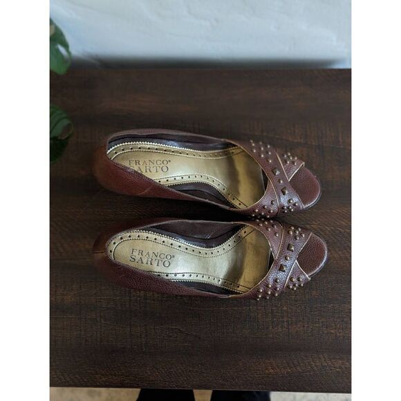 Franco Sarto Women's Brown Leather Metal Studded Peep Toe Heels - Size 10 - Picture 6 of 9